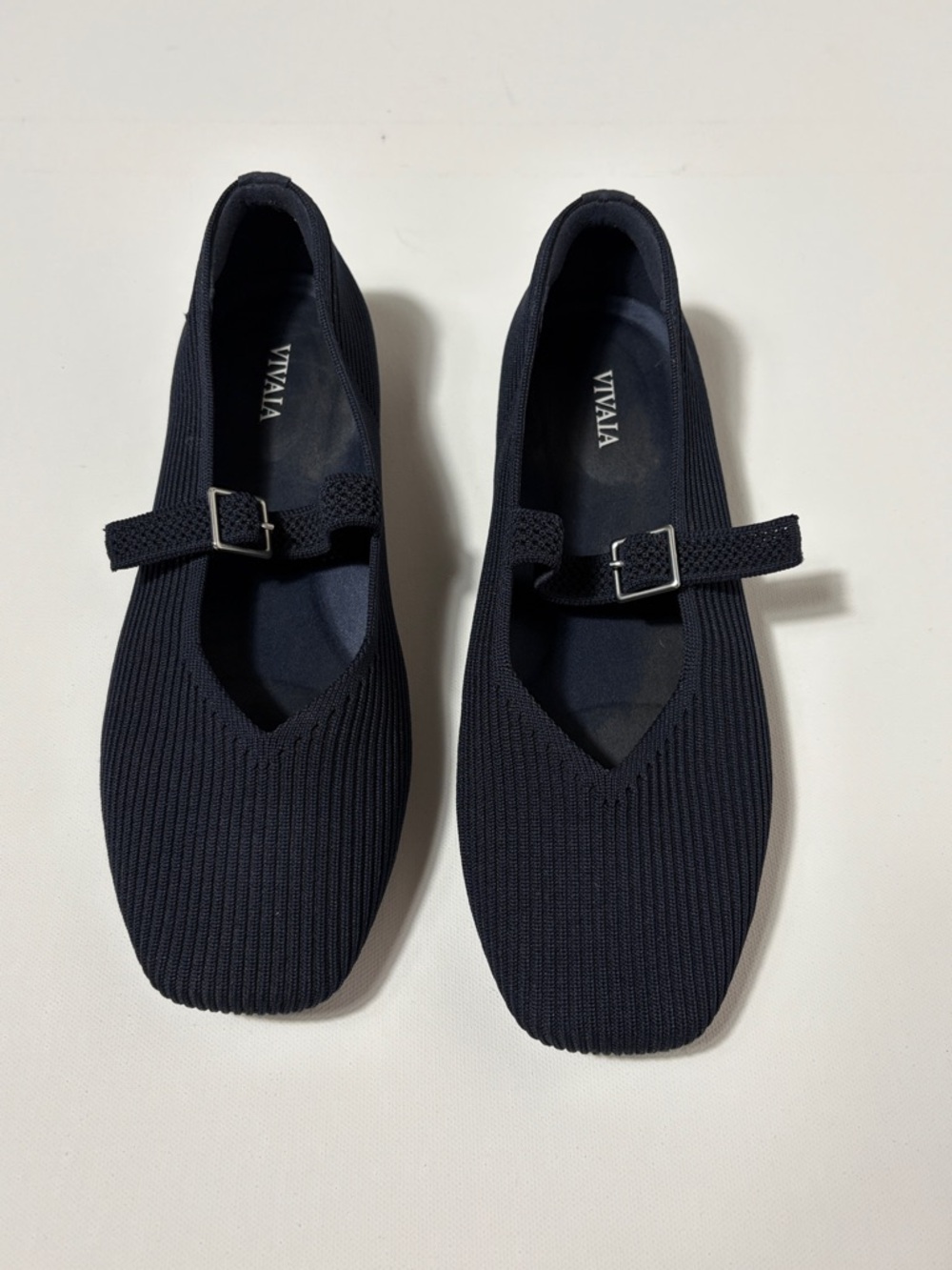 VIVAIA Mary Jane Flats Navy Blue Knit Square Toe Buckle EU 39 Wide